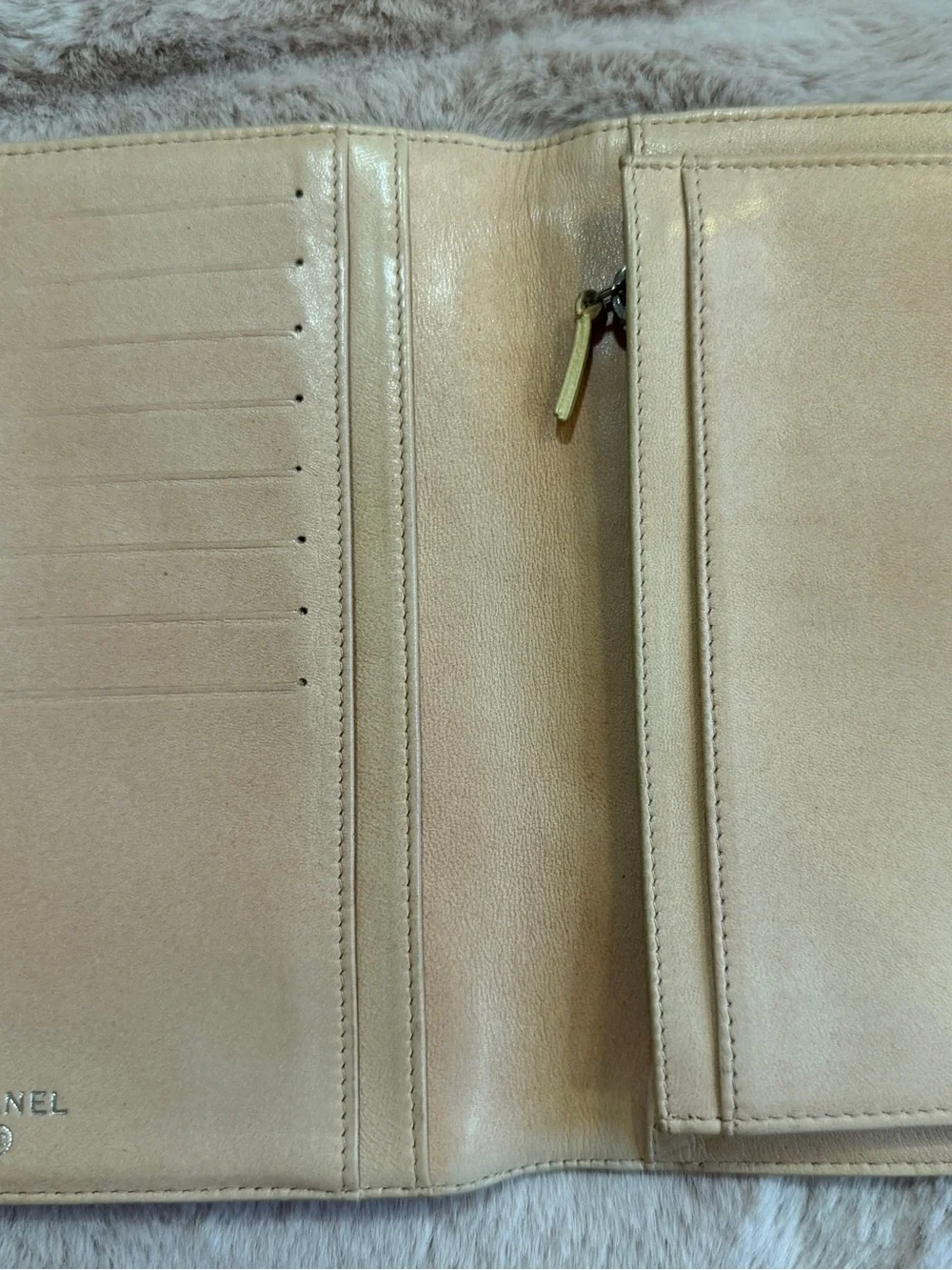 CHANEL Beige Camellia Embossed Leather Wallet with Gold CC